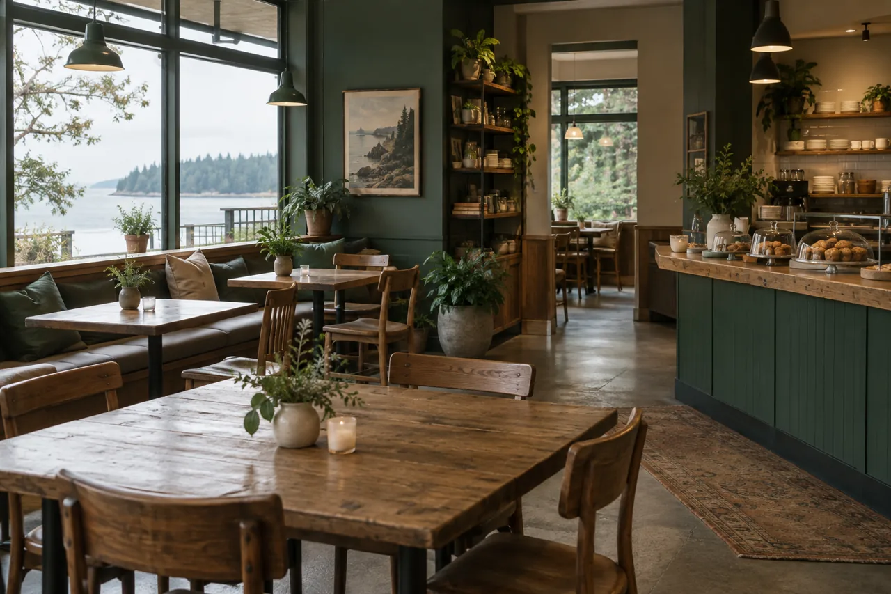 Illustrative café interior with wooden tables, green seating, and soft light through the windows