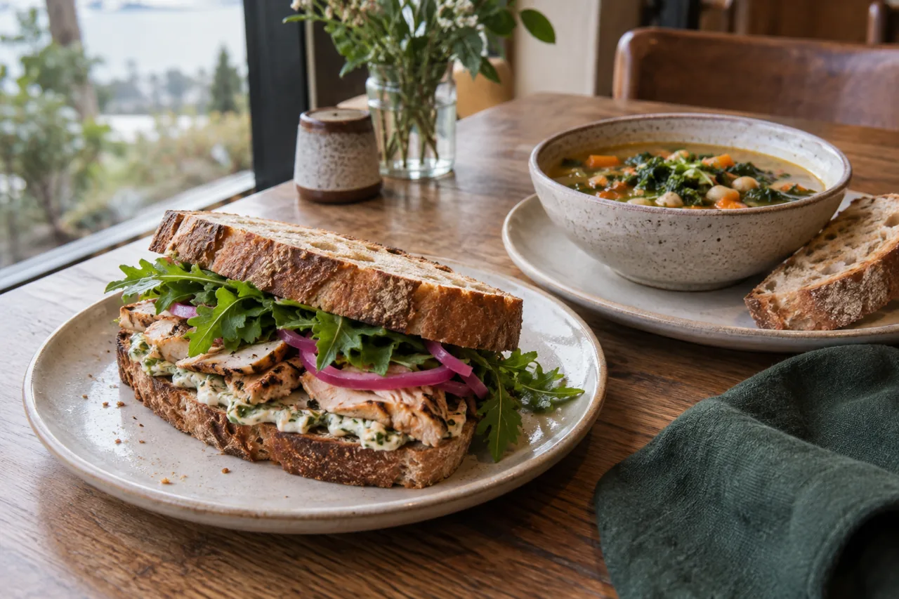 Illustrative roasted chicken sandwich, seasonal soup, and sourdough on ceramic plates