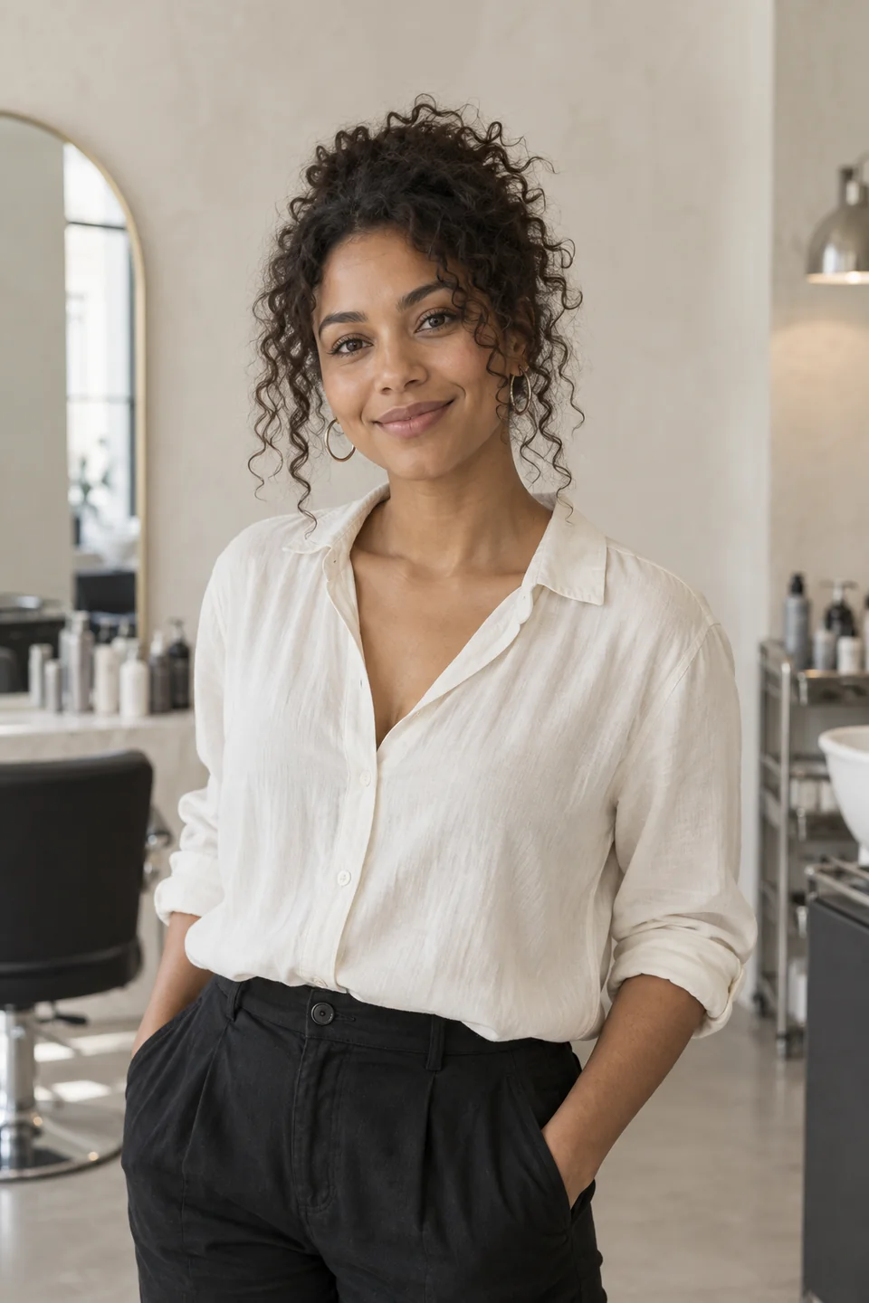 Illustrative portrait of Maya, fictional Maison June stylist